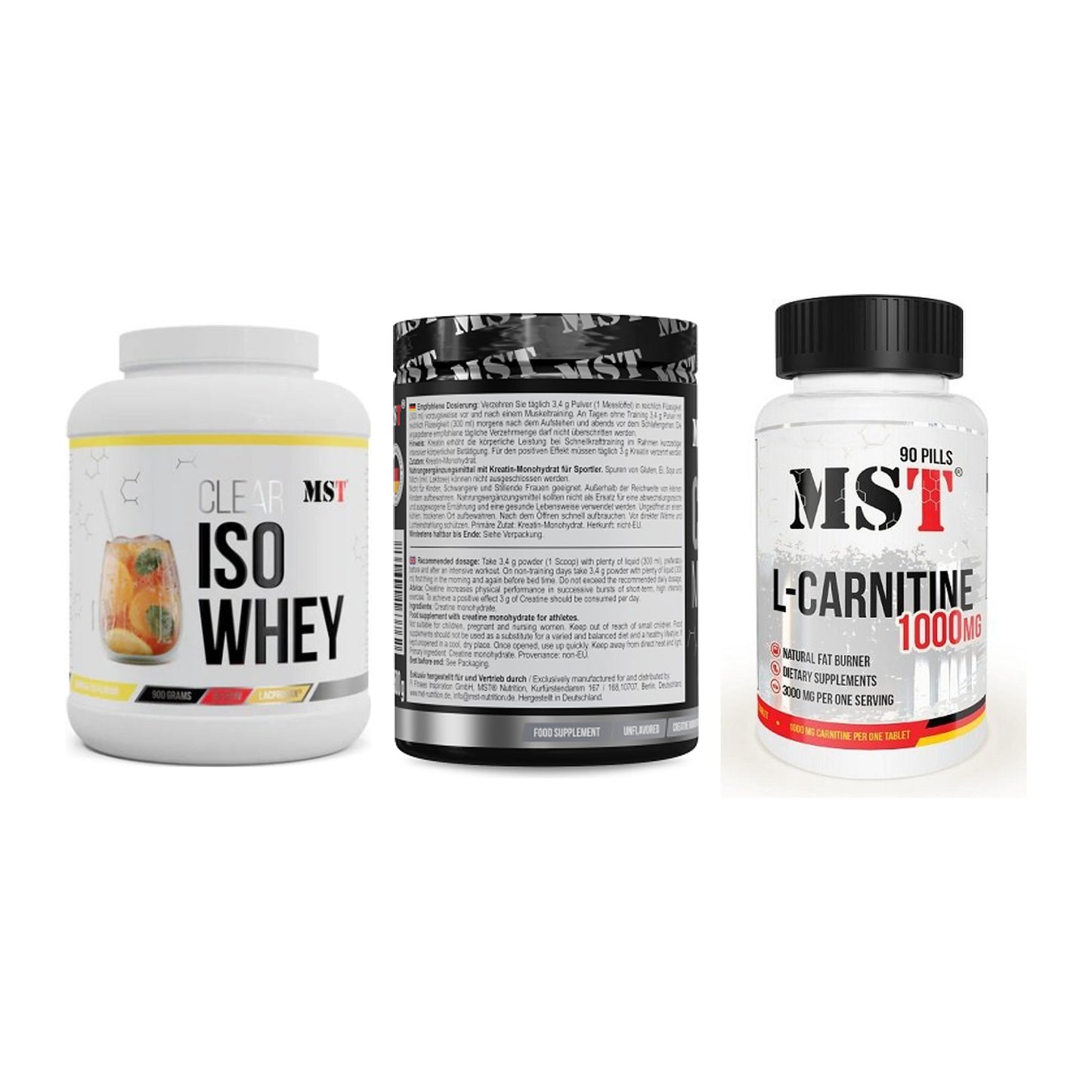MST Marken-Trio: Iso Clear 900g + Creatin Monohyd + L-Carnitine – alle enthaltenen Artikel
