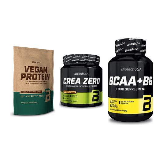 BioTech USA Marken-Trio: Vegan Protein + Crea Zero + BCAA+B6 100 – alle enthaltenen Artikel