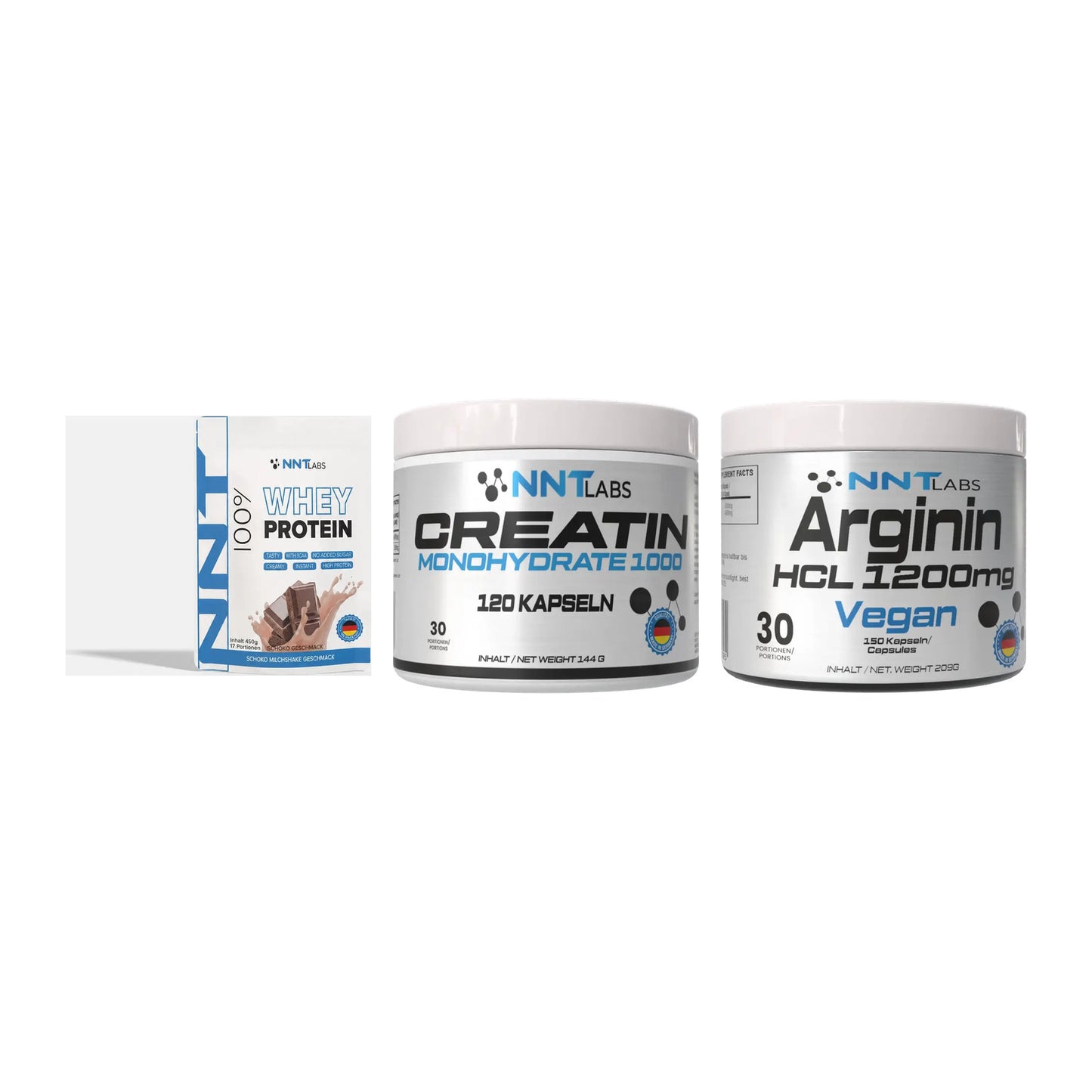 NNT Labs Marken-Trio: Whey + Creatin 1000 mg + Arginin HCL 1200 mg – alle enthaltenen Artikel