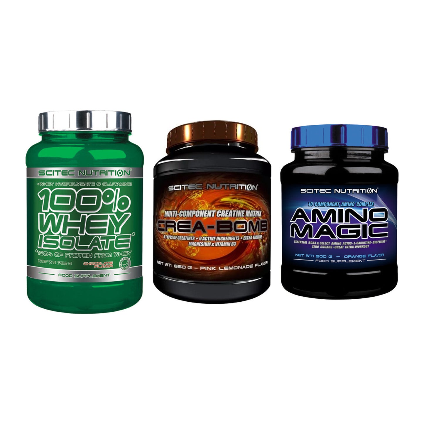Scitec Nutrition Marken-Trio: Whey Isolate + Crea-Bomb + 1 weitere – alle enthaltenen Artikel