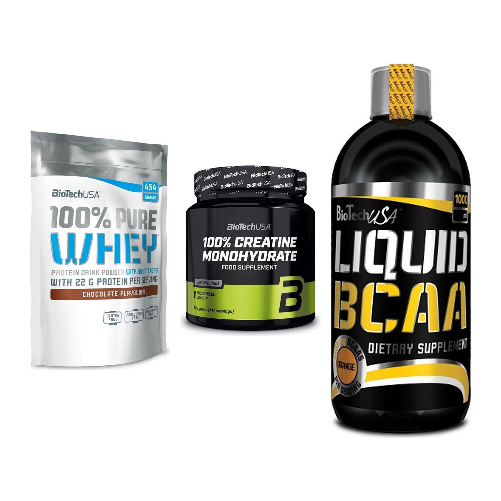 BioTech USA Marken-Trio: 100% Pure + Creatine + Liquid BCAA – alle enthaltenen Artikel