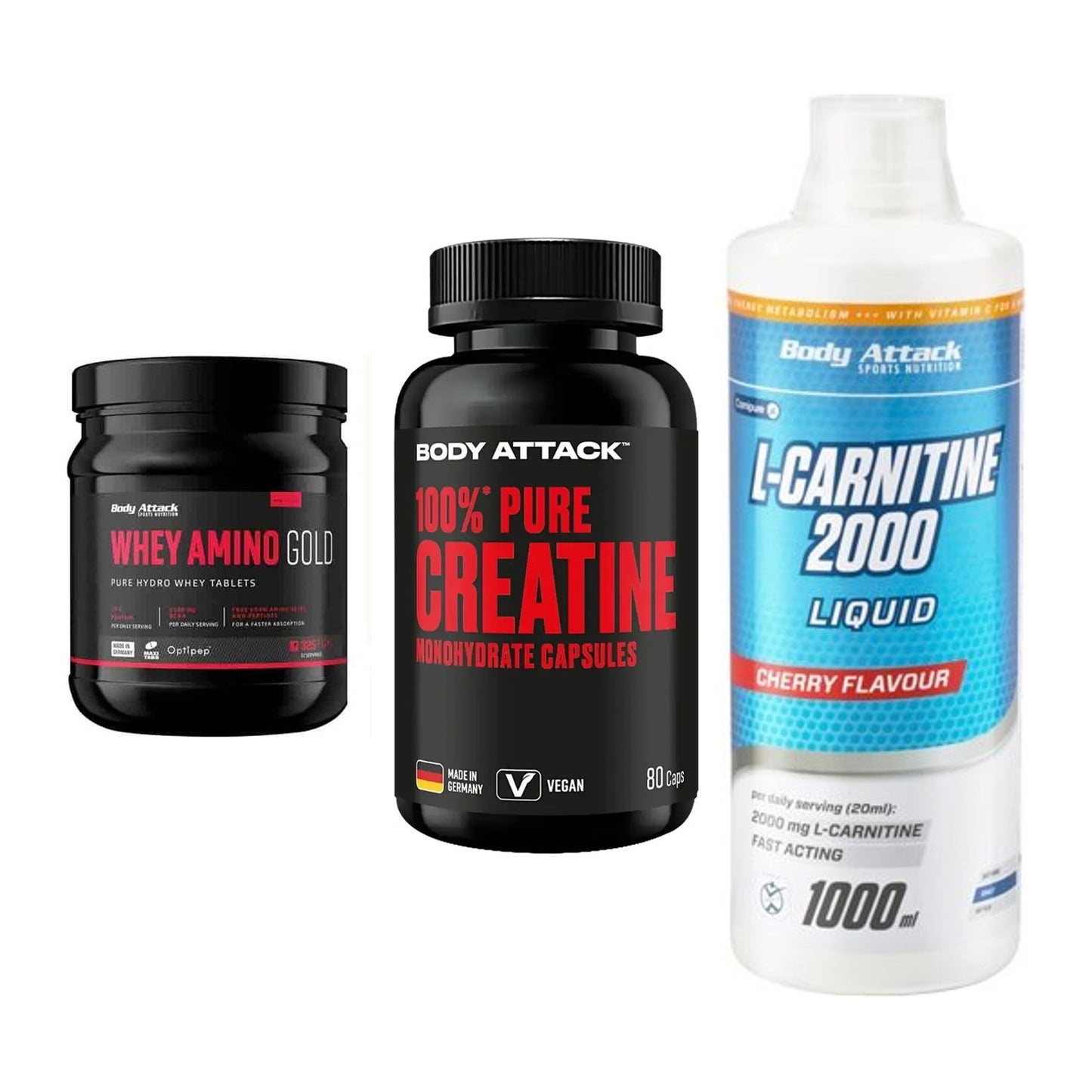 Body Attack Marken-Trio: Attack Whey + Attack 100% + Attack L-Carn – alle enthaltenen Artikel