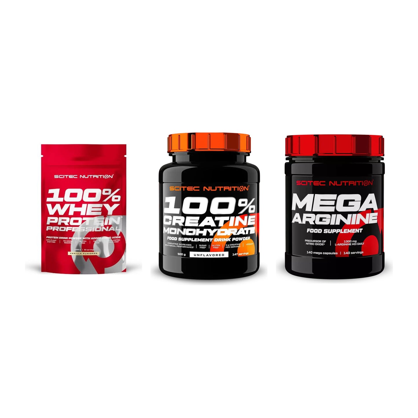 Scitec Nutrition Marken-Trio: 100% Whey + Creatine + 1 weitere – alle enthaltenen Artikel