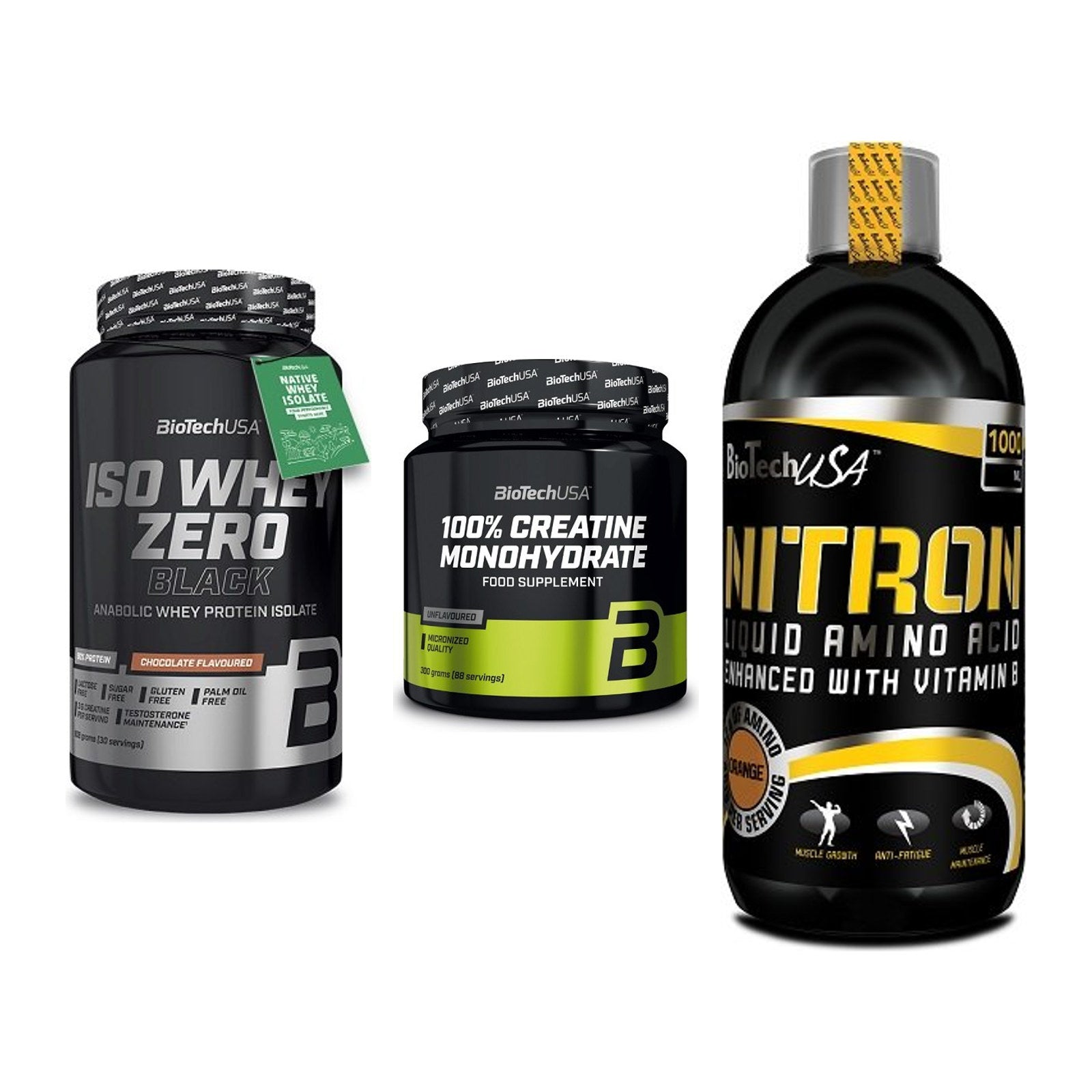 BioTech USA Marken-Trio: Iso Whey Zero + Creatine + Liquid Amino – alle enthaltenen Artikel
