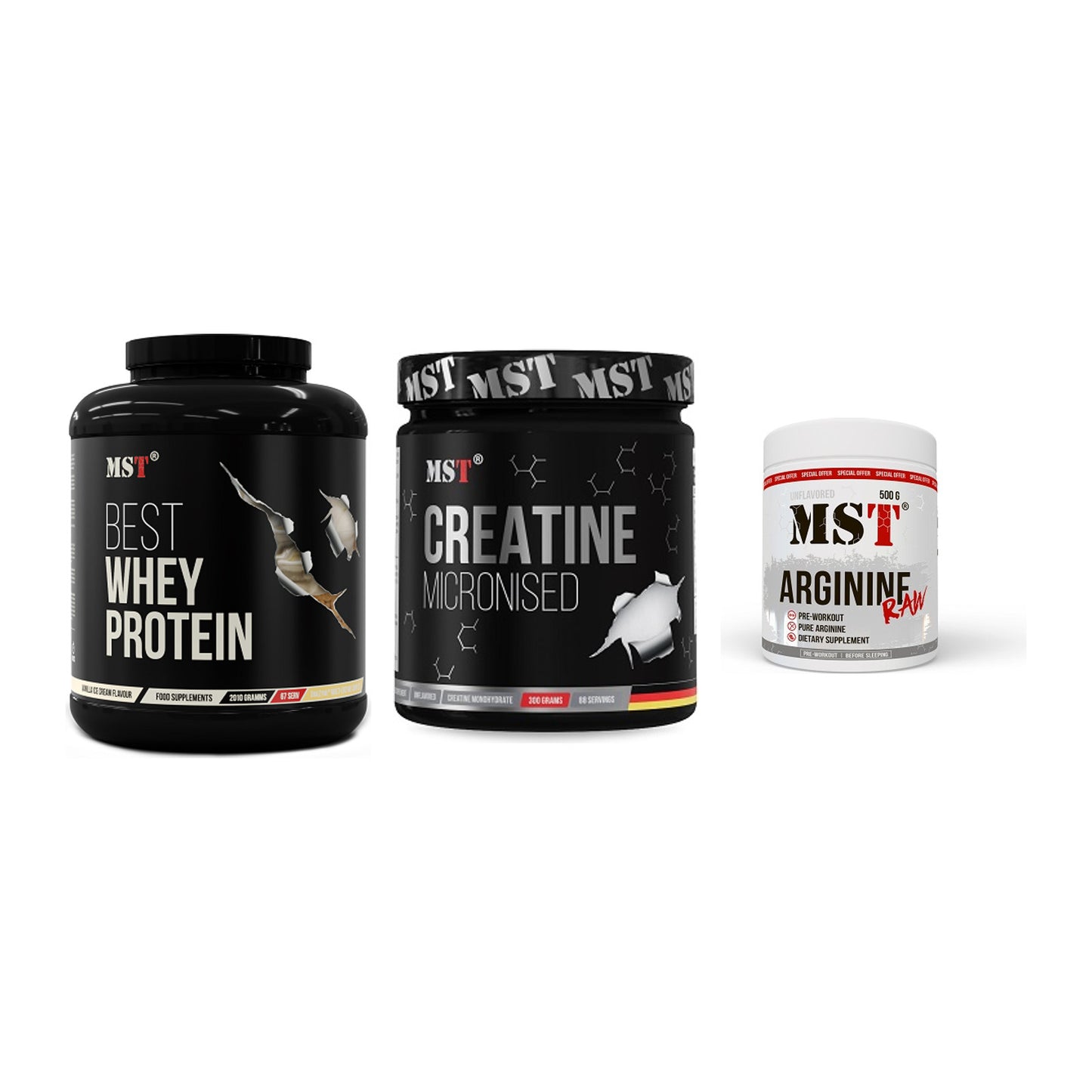 MST Marken-Trio: Best Whey + Creatin Monohyd + Arginine RAW – alle enthaltenen Artikel