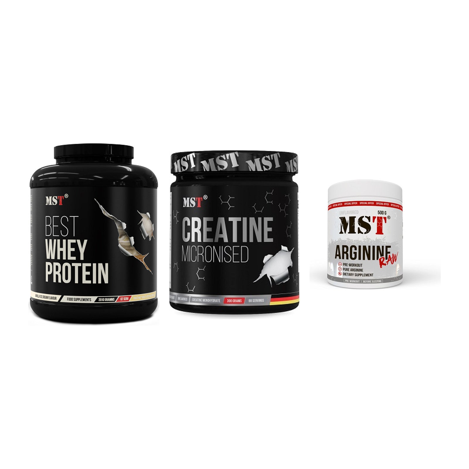 MST Marken-Trio: Best Whey + Creatin Monohyd + Arginine RAW – alle enthaltenen Artikel
