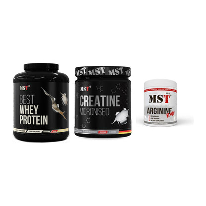 MST Marken-Trio: Best Whey + Creatin Monohyd + Arginine RAW – alle enthaltenen Artikel
