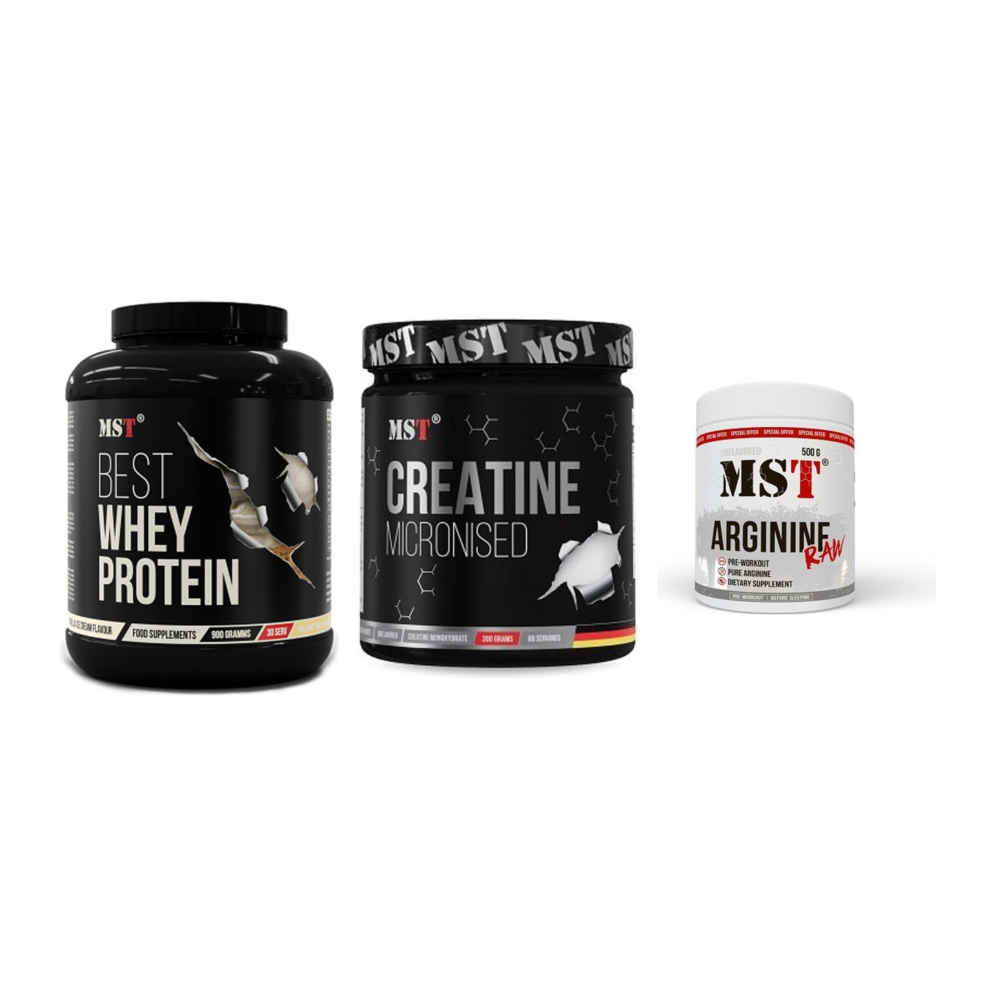 MST Marken-Trio: Best Whey + Creatin Monohyd + Arginine RAW – alle enthaltenen Artikel