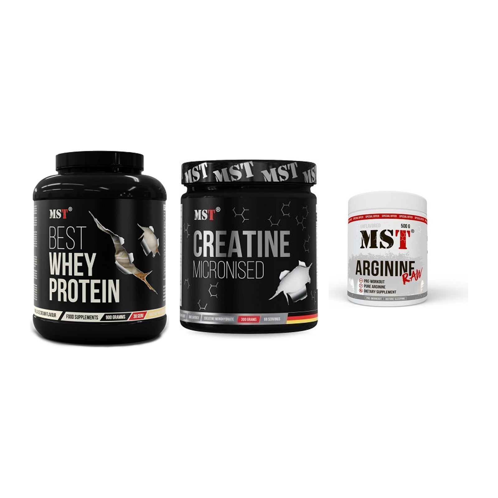 MST Marken-Trio: Best Whey + Creatin Monohyd + Arginine RAW – alle enthaltenen Artikel