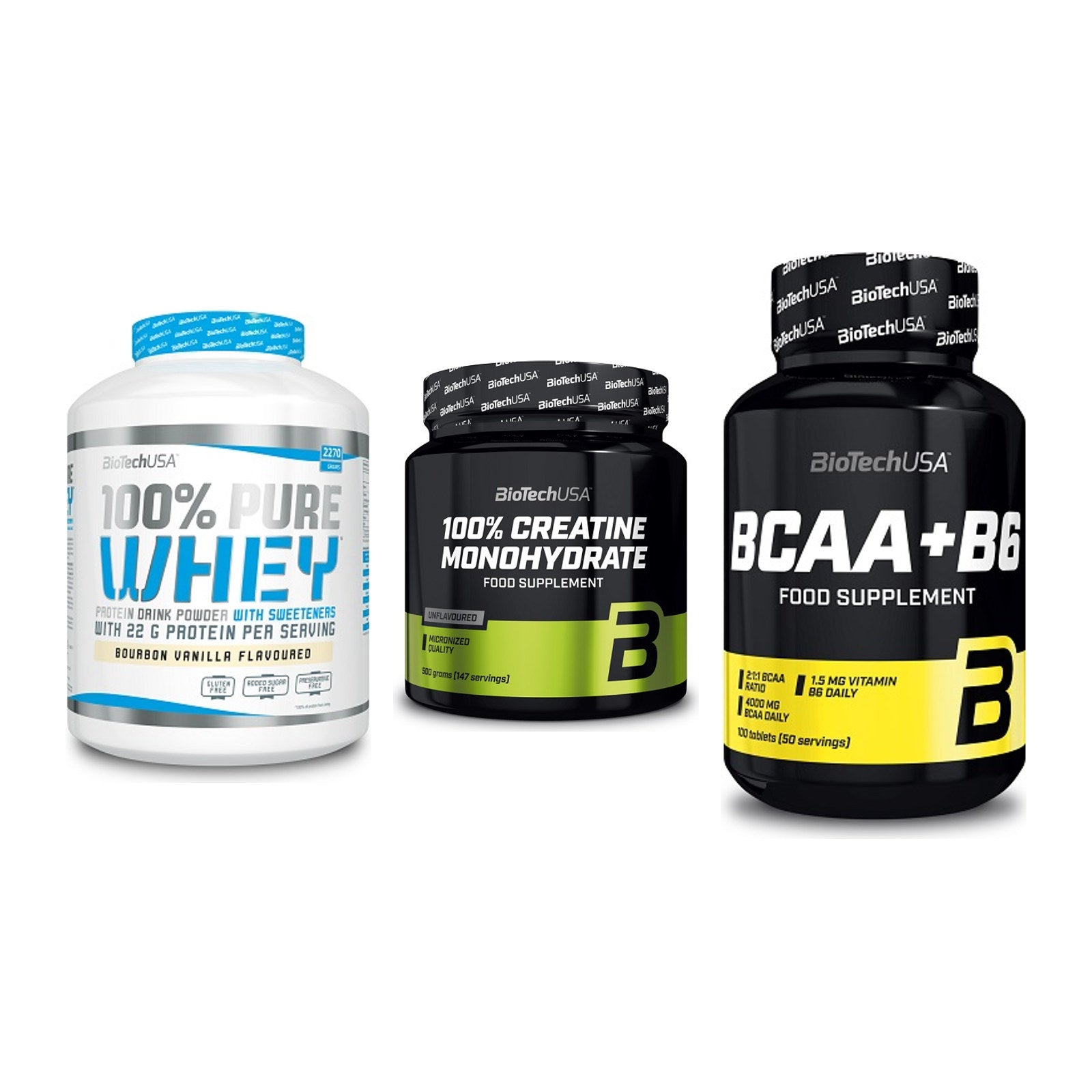 BioTech USA Marken-Trio: 100% Pure + Creatine + BCAA+B6 100 – alle enthaltenen Artikel