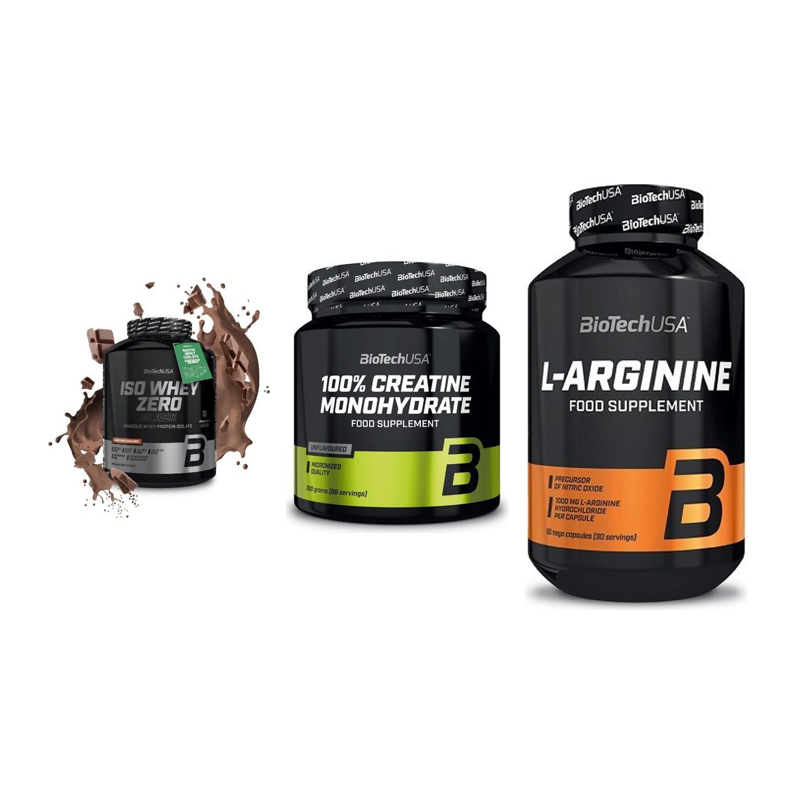 BioTech USA Marken-Trio: Iso Whey Zero + Creatine + L-Arginine – alle enthaltenen Artikel