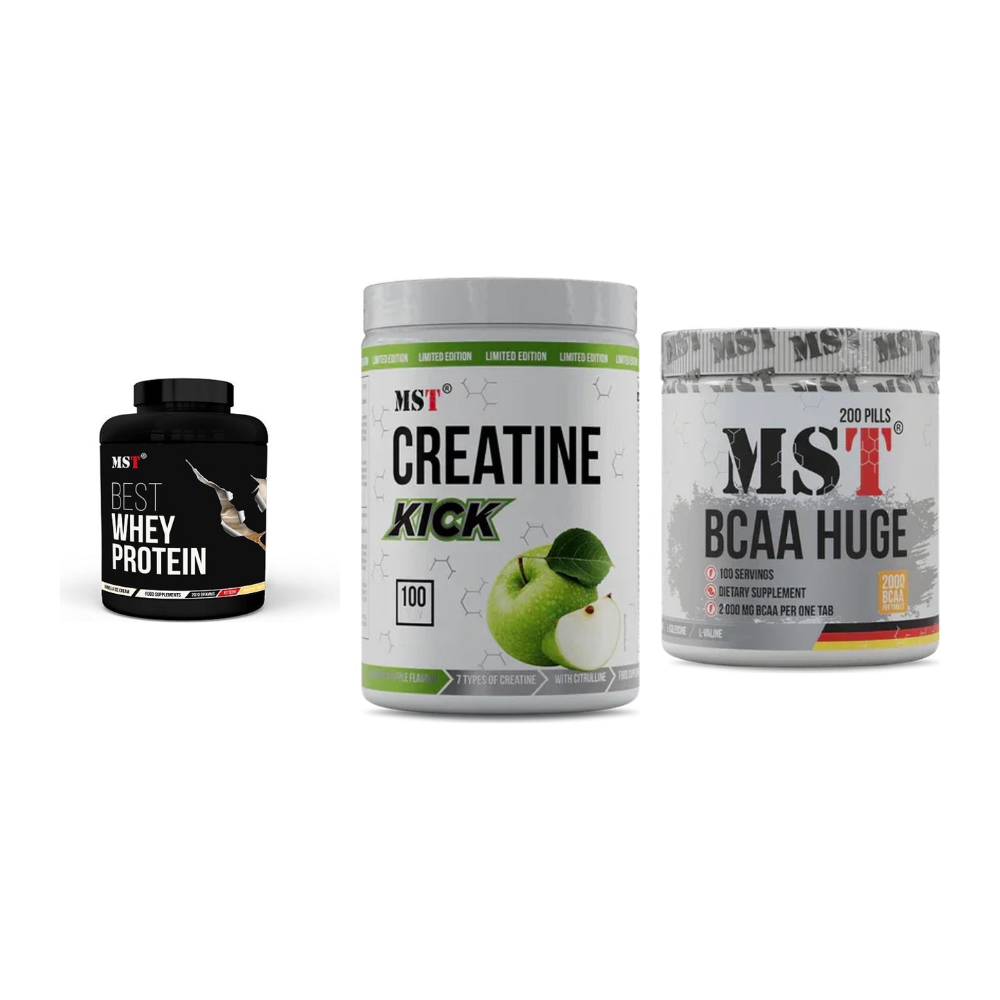 MST Marken-Trio: Best Whey + Creatine Kick + BCAA Huge 200 – alle enthaltenen Artikel