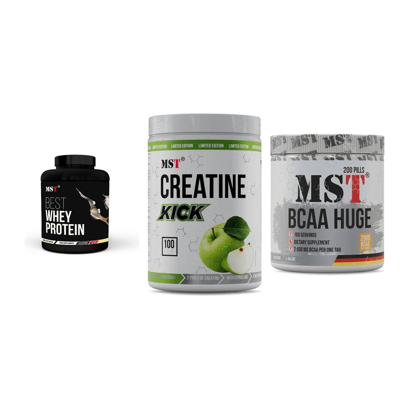 MST Marken-Trio: Best Whey + Creatine Kick + BCAA Huge 200 – alle enthaltenen Artikel