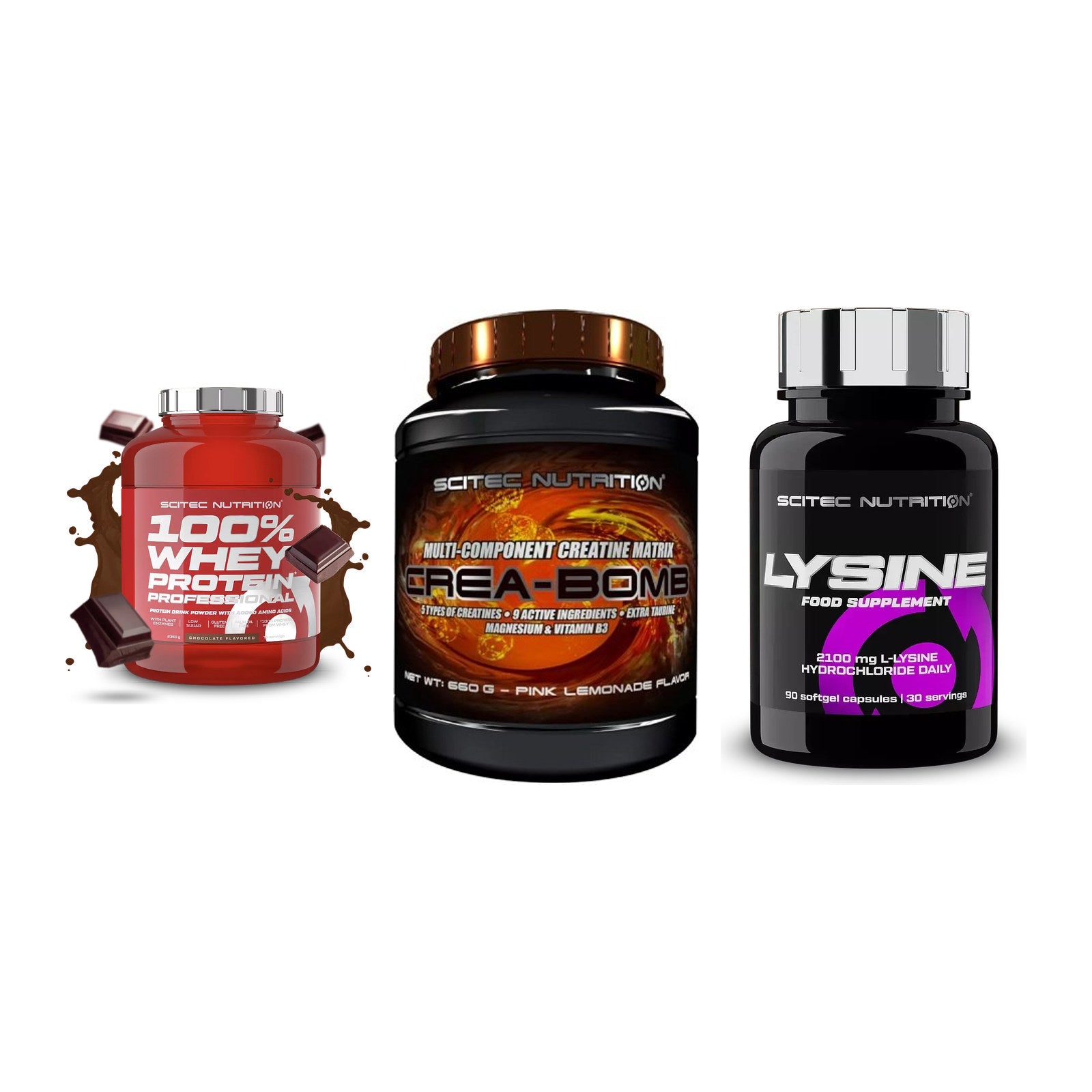 Scitec Nutrition Marken-Trio: 100% Whey + Crea-Bomb + 1 weitere – alle enthaltenen Artikel