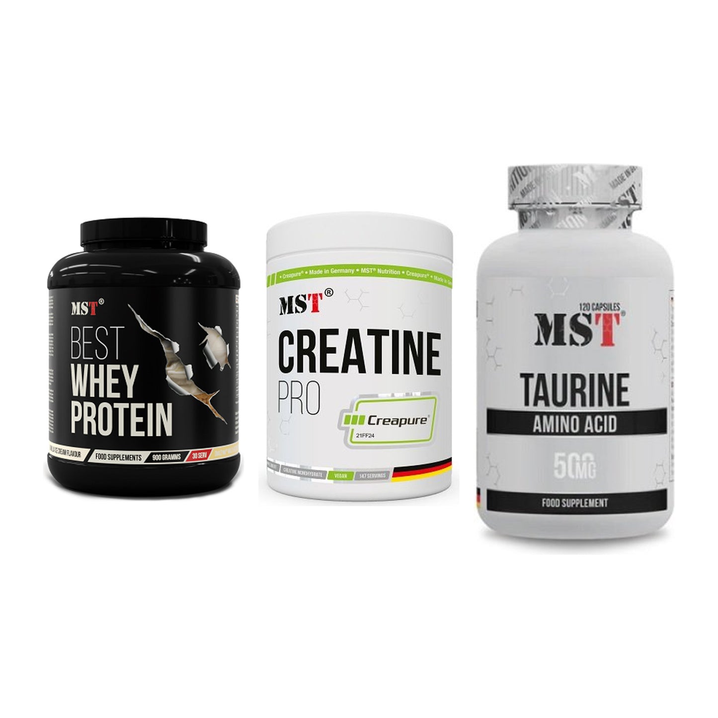 MST Marken-Trio: Best Whey Protein + Creatin Pro CREAPURE + Taurine – alle enthaltenen Artikel