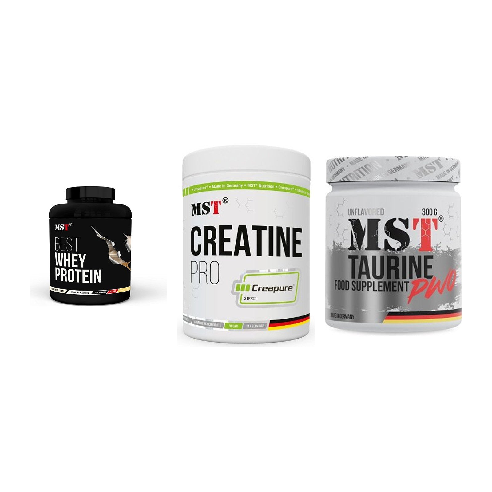 MST Marken-Trio: Best Whey Protein + Creatin Pro CREAPURE + Taurine – alle enthaltenen Artikel