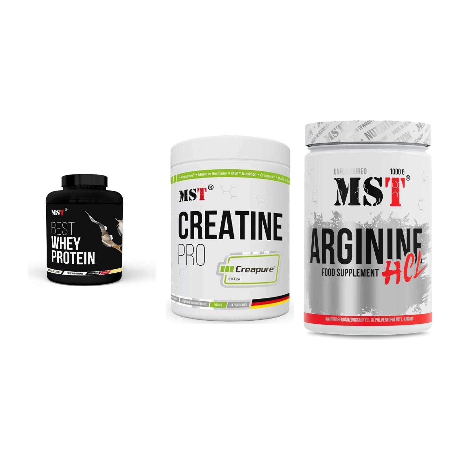 MST Marken-Trio: Best Whey + Creatin Pro + Arginine HCL – alle enthaltenen Artikel