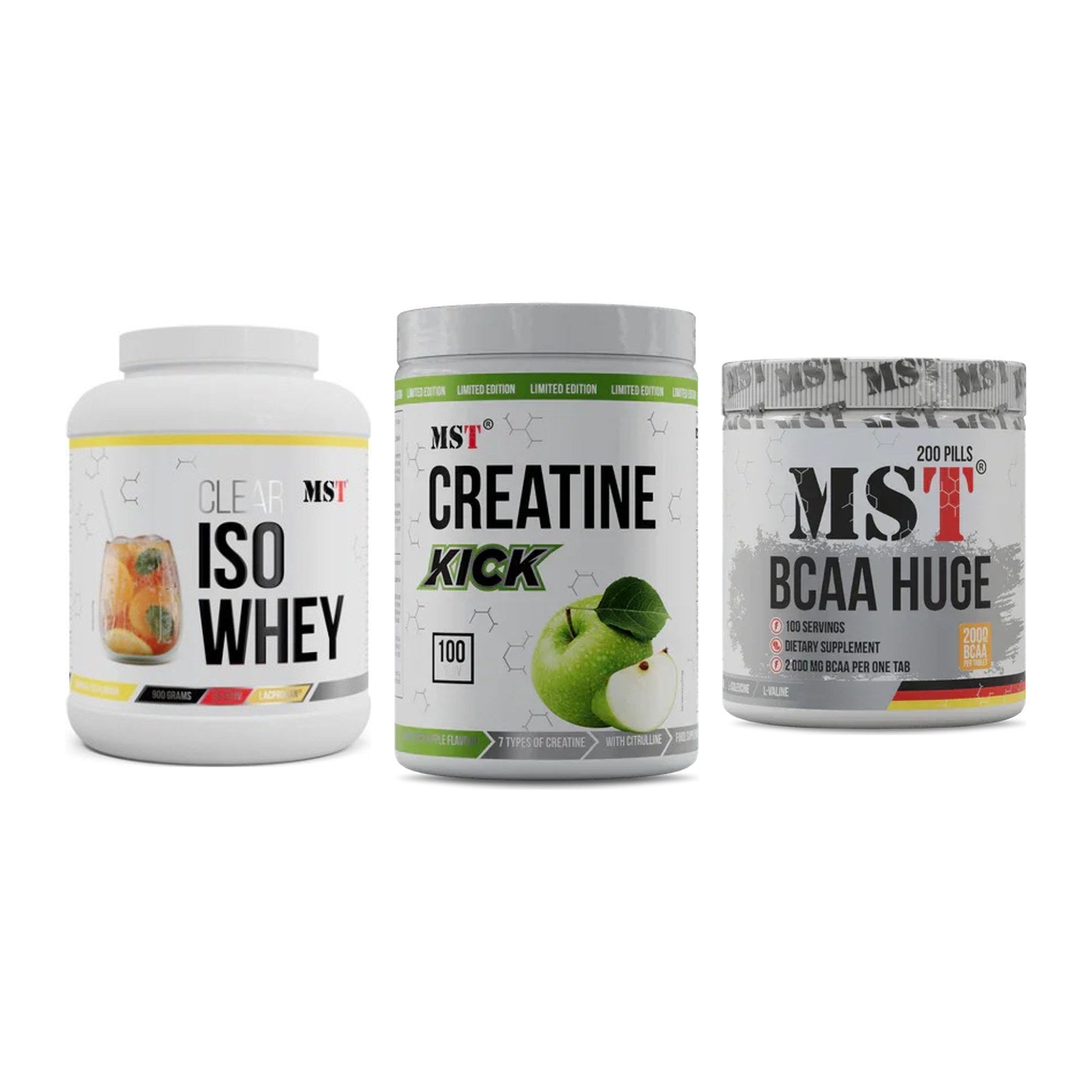 MST Marken-Trio: Iso Clear 900g + Creatine Kick + BCAA Huge 200 – alle enthaltenen Artikel