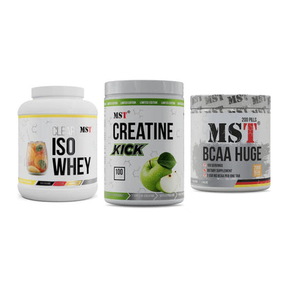 MST Marken-Trio: Iso Clear 900g + Creatine Kick + BCAA Huge 200 – alle enthaltenen Artikel