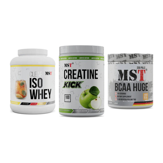MST Marken-Trio: Iso Clear 900g + Creatine Kick + BCAA Huge 200 – alle enthaltenen Artikel