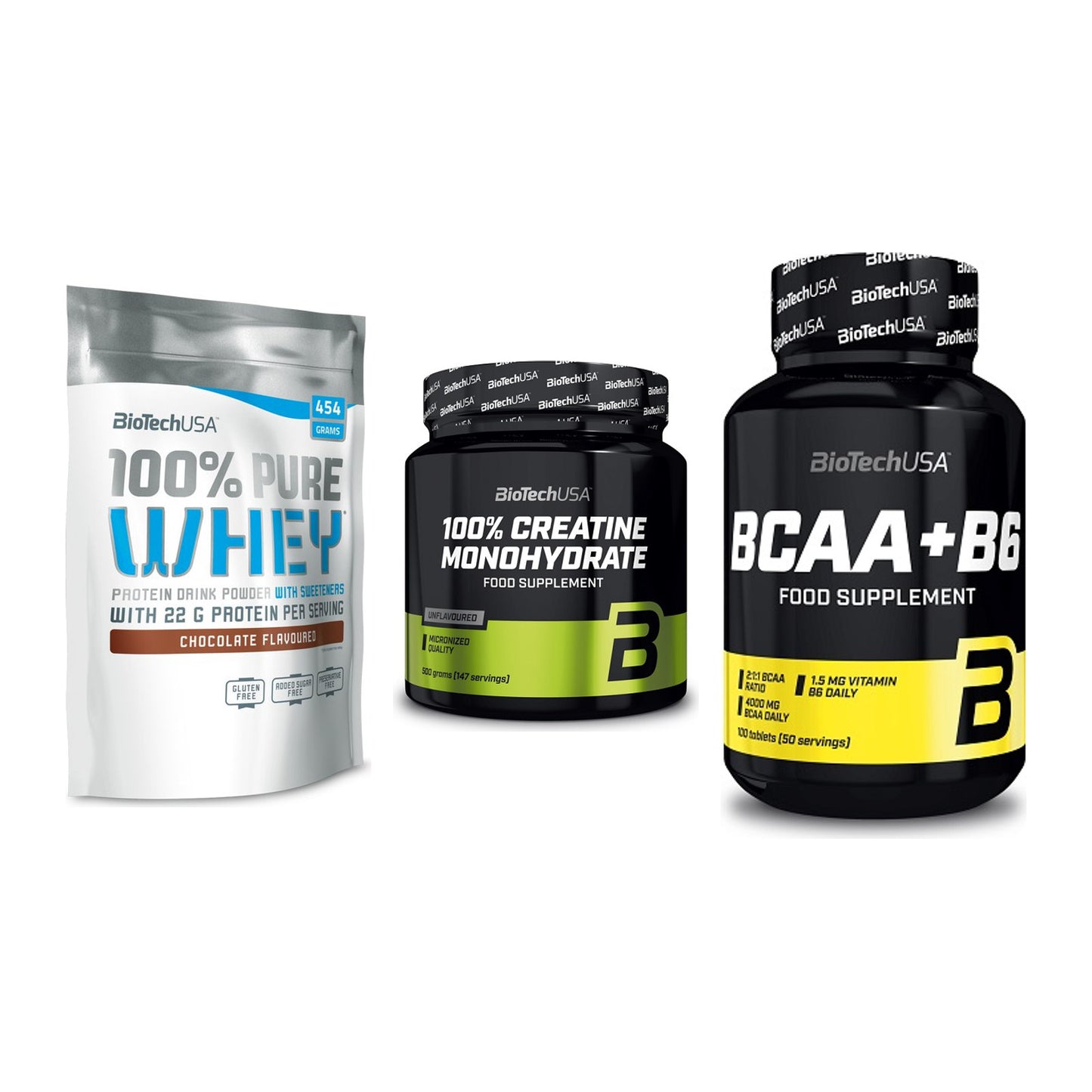 BioTech USA Marken-Trio: 100% Pure + Creatine + BCAA+B6 100 – alle enthaltenen Artikel