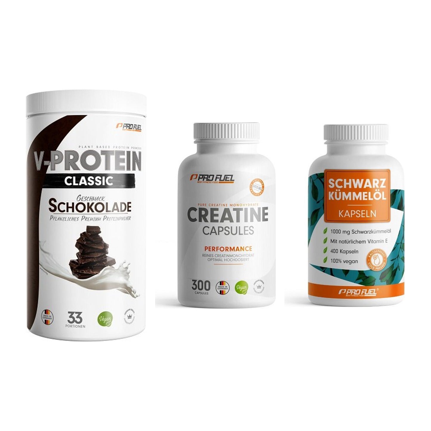 ProFuel Marken-Trio: VEGAN PROTEIN + Creatine + Schwarzkümmelö – alle enthaltenen Artikel