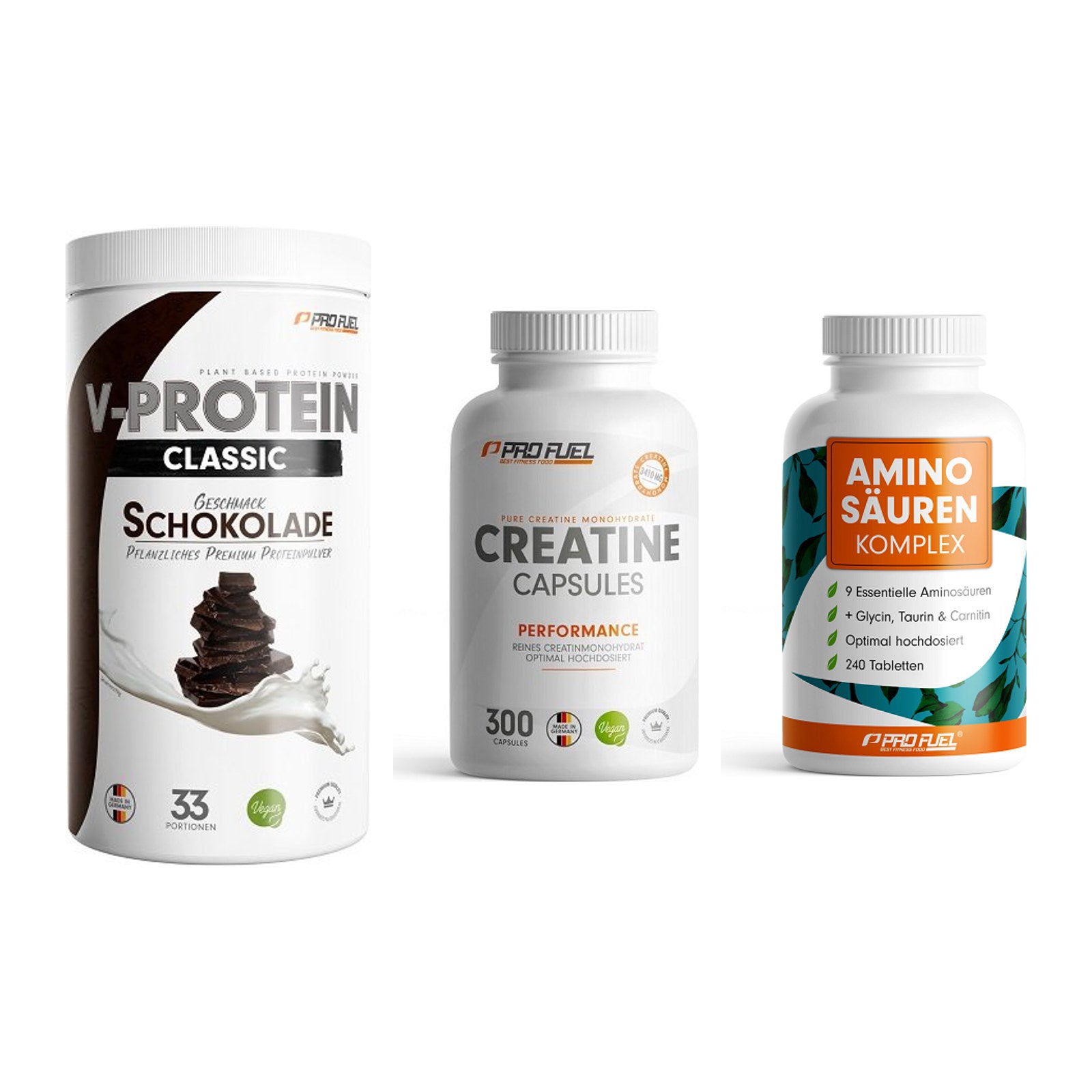 ProFuel Marken-Trio: VEGAN PROTEIN + Creatine + Aminosäuren – alle enthaltenen Artikel