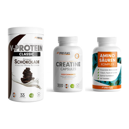 ProFuel Marken-Trio: VEGAN PROTEIN + Creatine + Aminosäuren – alle enthaltenen Artikel