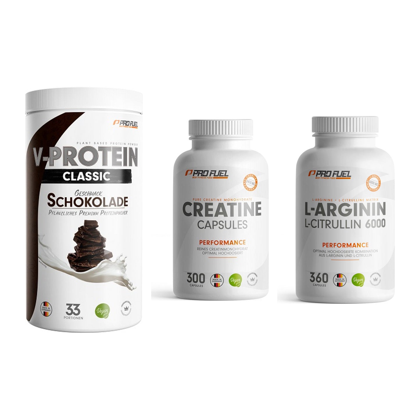 ProFuel Marken-Trio: VEGAN PROTEIN + Creatine + L-Arginin – alle enthaltenen Artikel