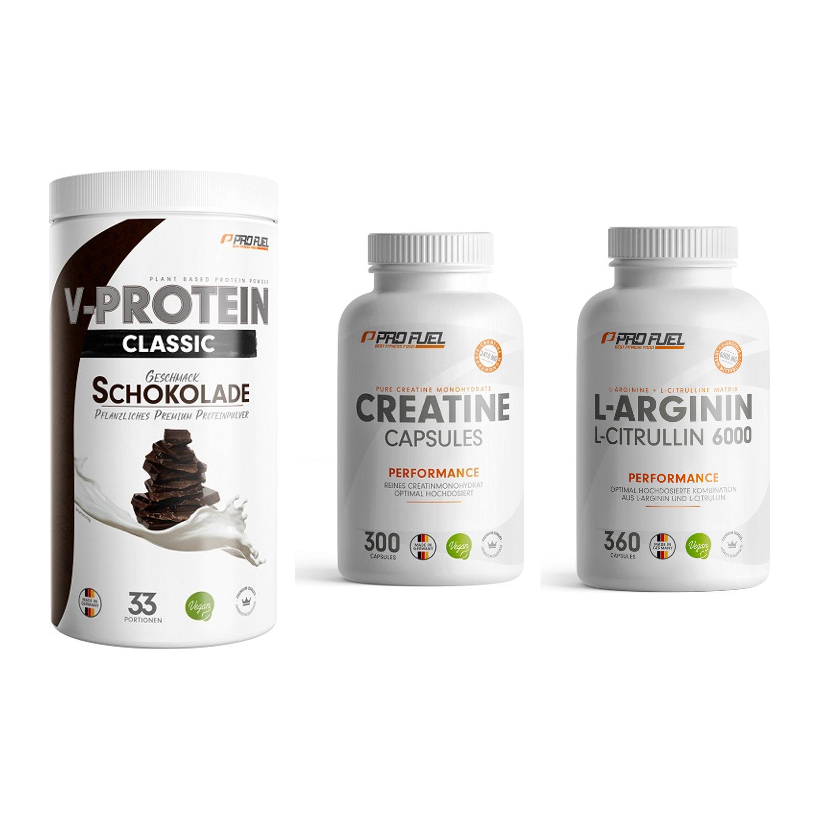 ProFuel Marken-Trio: VEGAN PROTEIN + Creatine + L-Arginin – alle enthaltenen Artikel