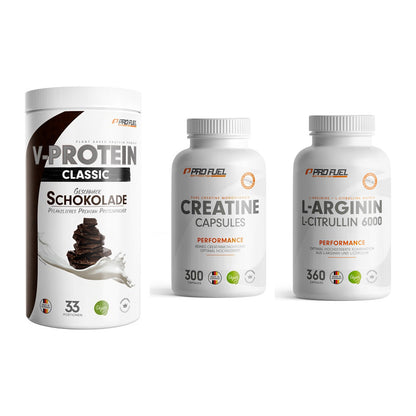ProFuel Marken-Trio: VEGAN PROTEIN + Creatine + L-Arginin – alle enthaltenen Artikel