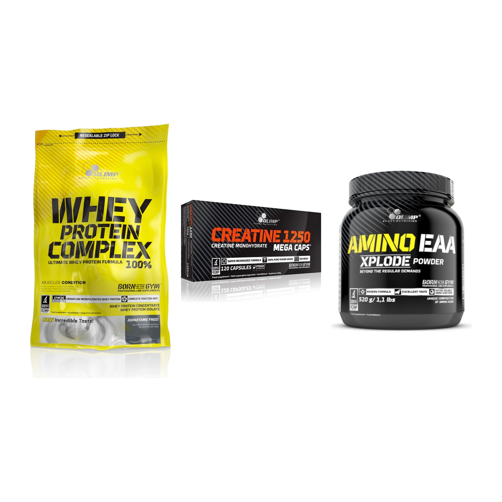 Olimp Marken-Trio: Whey Protein + Creatine Mega + Amino EAA – alle enthaltenen Artikel