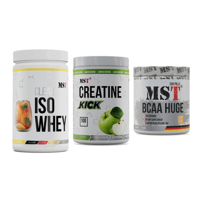 MST Marken-Trio: Iso Clear + Creatine Kick + BCAA Huge 200 – alle enthaltenen Artikel