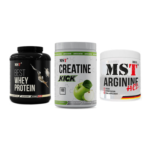MST Marken-Trio: Best Whey Protein + Creatine Kick + Arginine HCL – alle enthaltenen Artikel