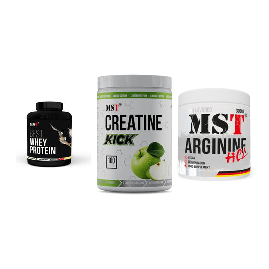 MST Marken-Trio: Best Whey Protein + Creatine Kick + Arginine HCL – alle enthaltenen Artikel