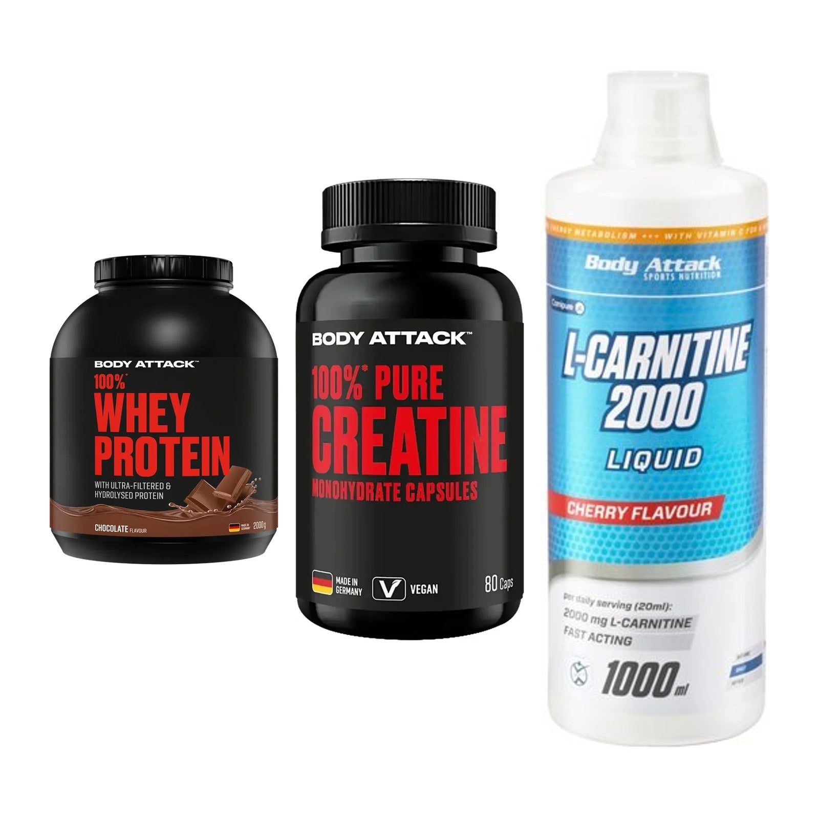 Body Attack Marken-Trio: Attack 100% Whey Protein 2000g + 2 weitere – alle enthaltenen Artikel