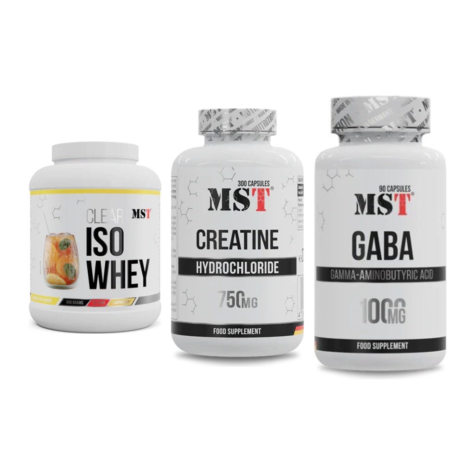 MST Marken-Trio: Iso Clear 900g + Creatine HCL + GABA 1000mg – alle enthaltenen Artikel