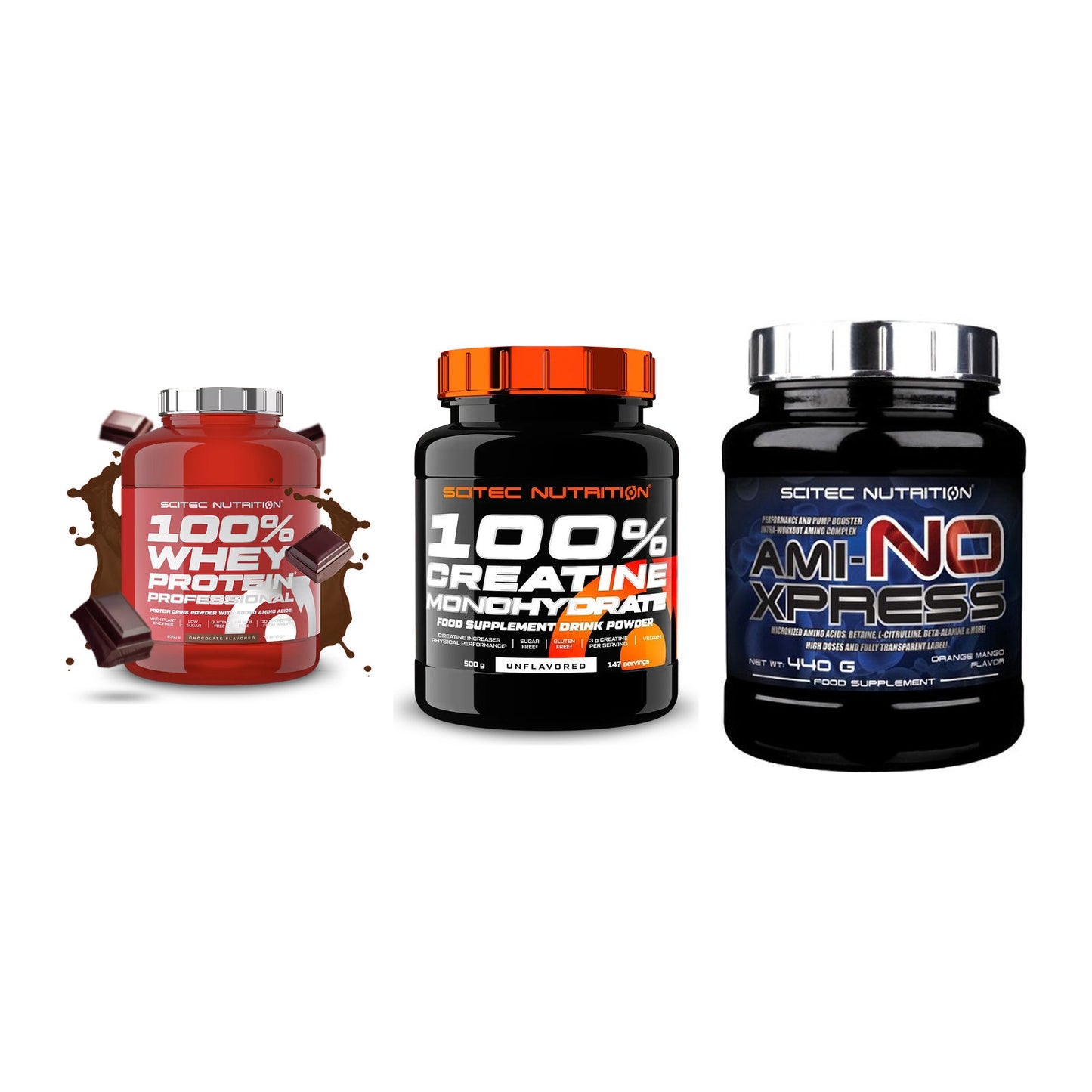 Scitec Nutrition Marken-Trio: 100% Whey + Creatine + 1 weitere – alle enthaltenen Artikel