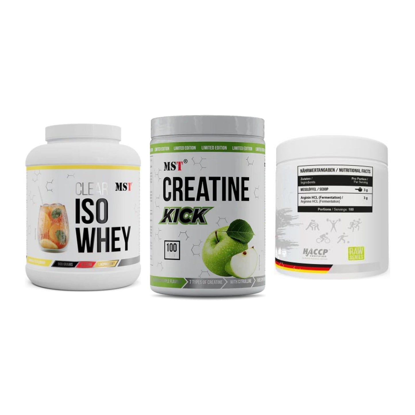 MST Marken-Trio: Iso Clear 900g + Creatine Kick + Arginine HCL – alle enthaltenen Artikel