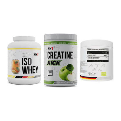 MST Marken-Trio: Iso Clear 900g + Creatine Kick + Arginine HCL – alle enthaltenen Artikel