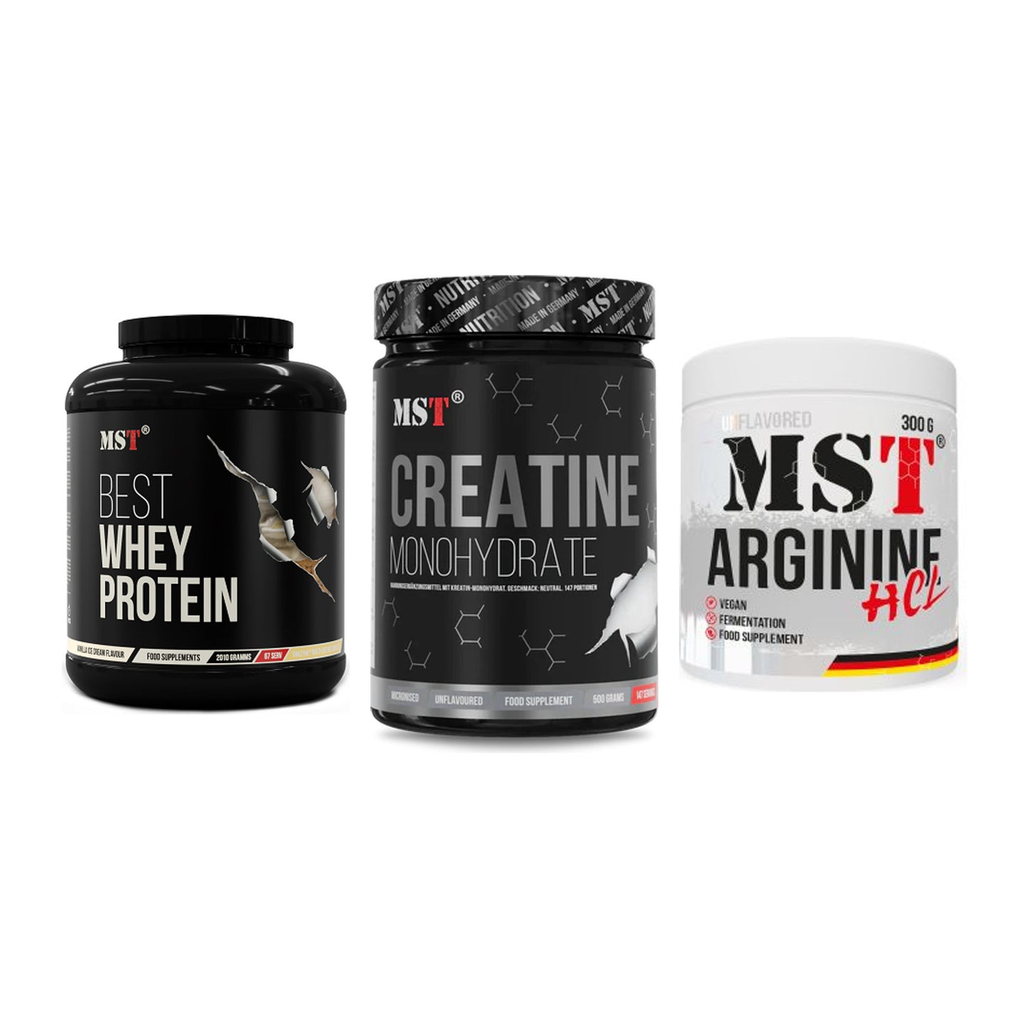 MST Marken-Trio: Best Whey + Creatin Monohyd + Arginine HCL – alle enthaltenen Artikel