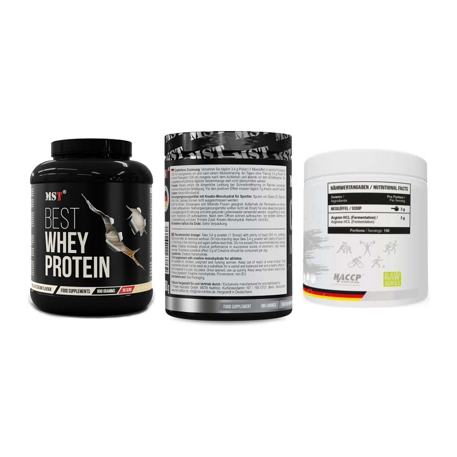 MST Marken-Trio: Best Whey + Creatin Monohyd + Arginine HCL – alle enthaltenen Artikel