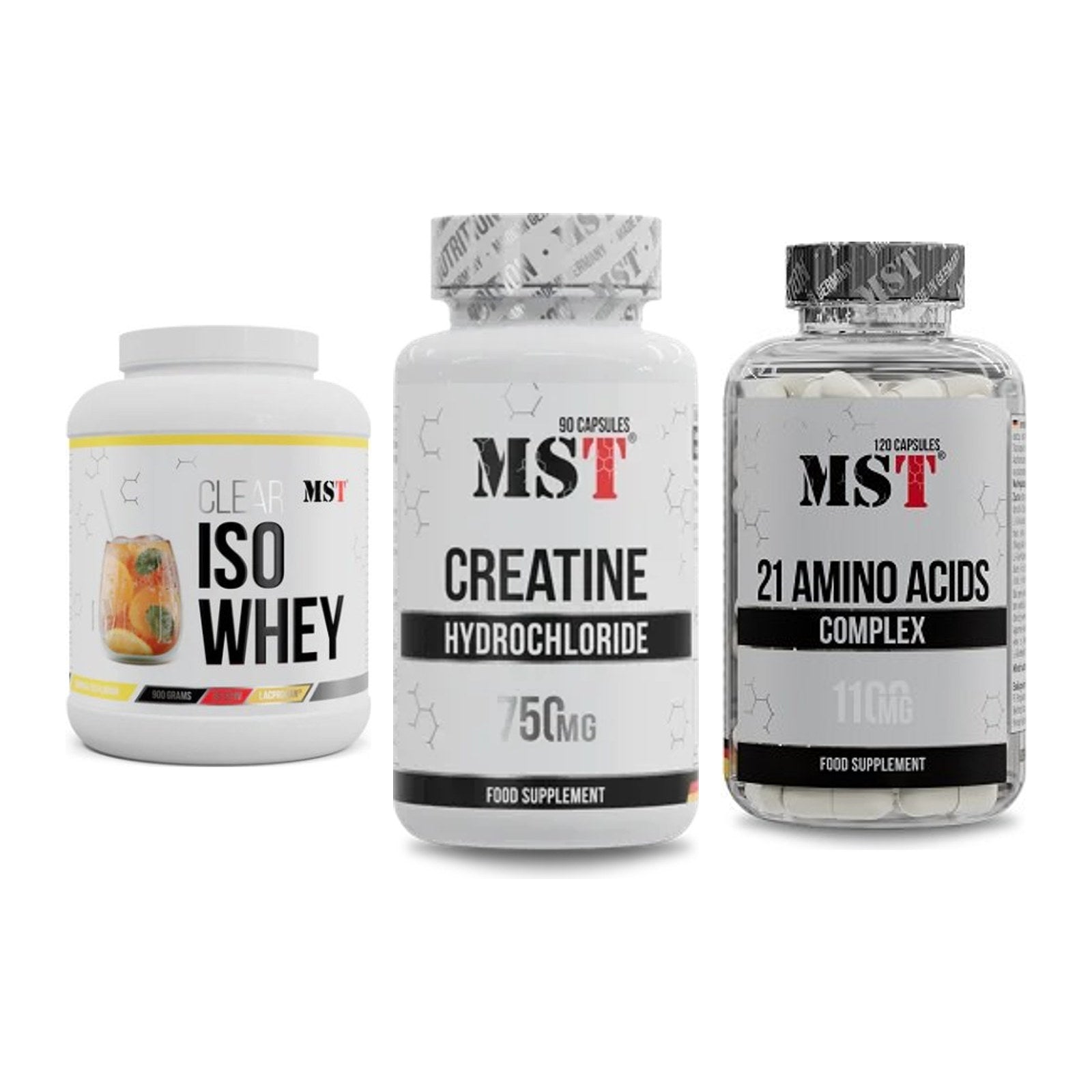 MST Marken-Trio: Iso Clear 900g + Creatin HCL + 21 Amino Acids – alle enthaltenen Artikel