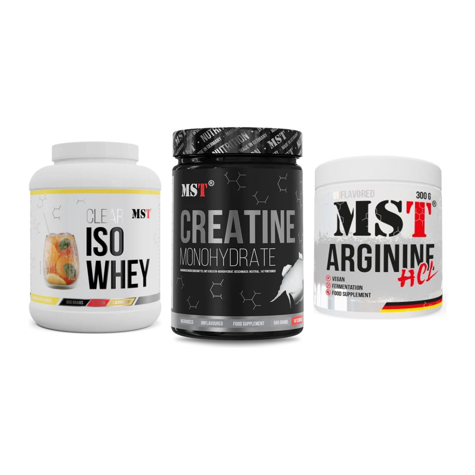 MST Marken-Trio: Iso Clear + Creatin Monohydrate + Arginine HCL – alle enthaltenen Artikel