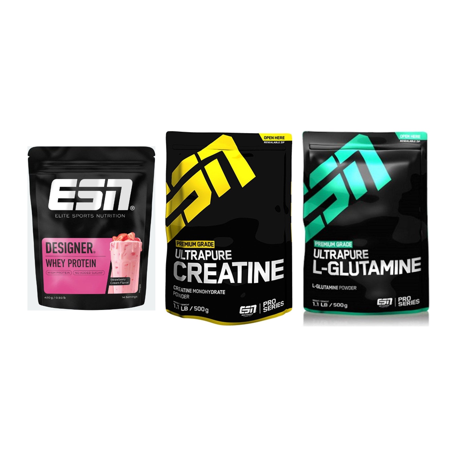 ESN Marken-Trio: Designer Whey + Ultrapure Creatine + 1 weitere – alle enthaltenen Artikel
