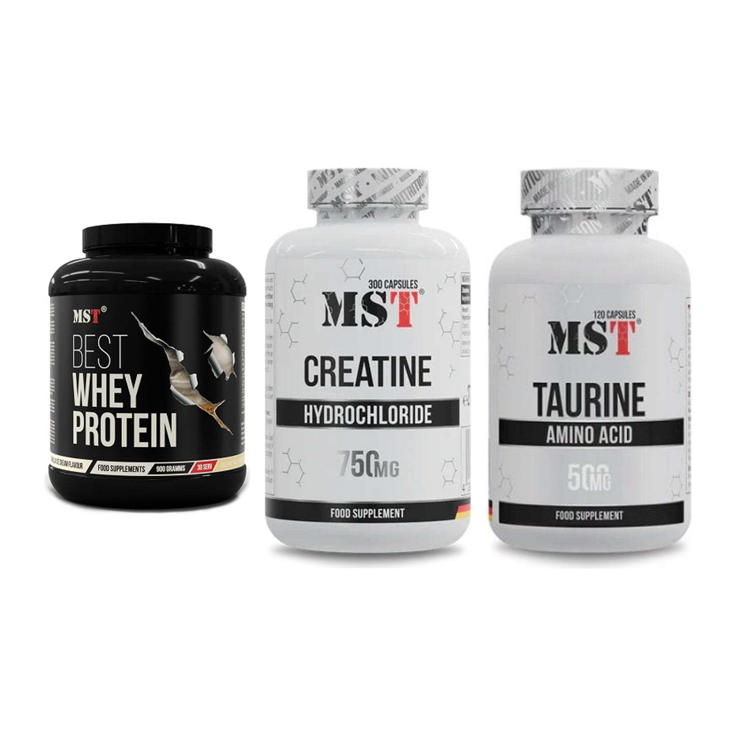 MST Marken-Trio: Best Whey Protein + Creatine HCL + Taurine – alle enthaltenen Artikel