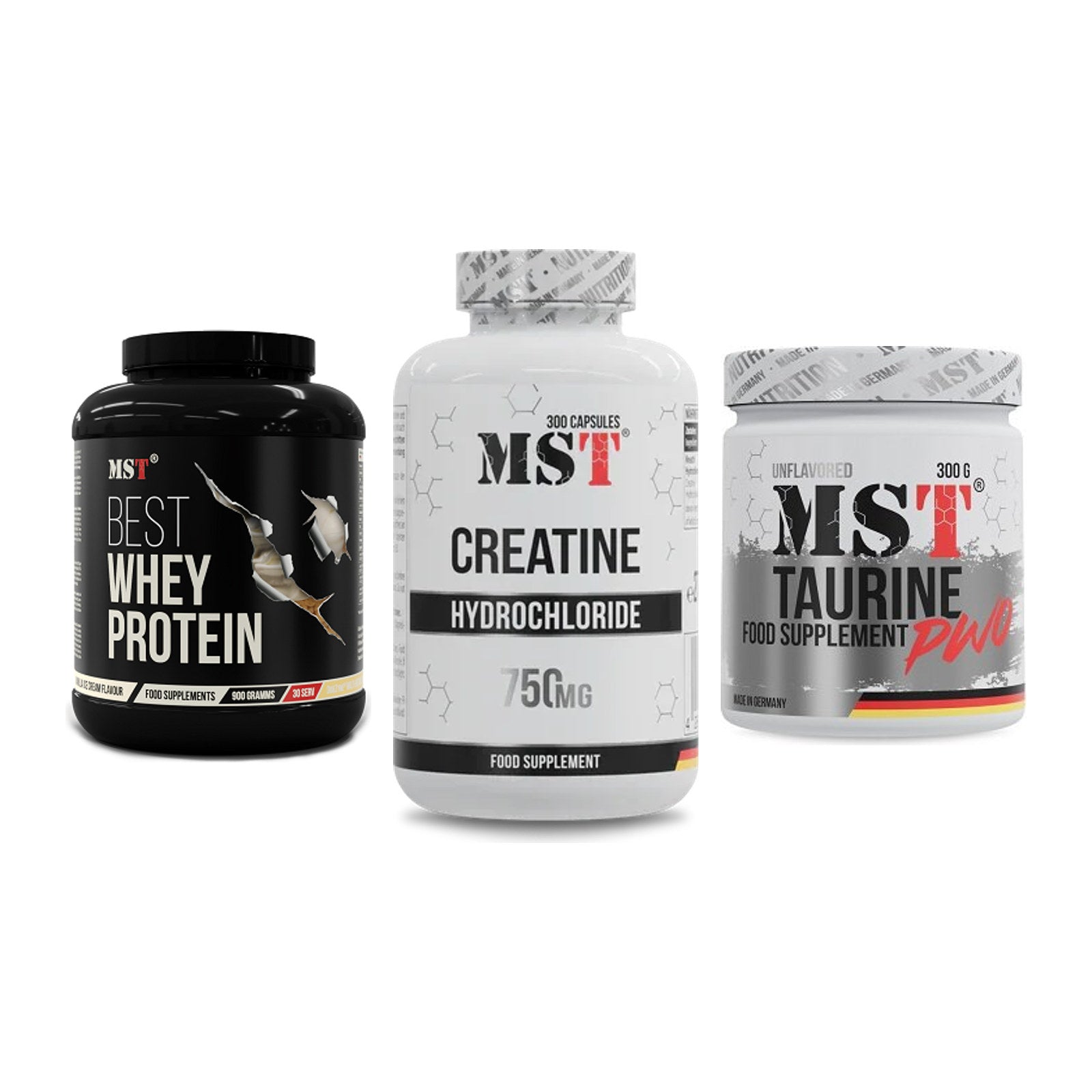MST Marken-Trio: Best Whey Protein + Creatine HCL + Taurine – alle enthaltenen Artikel