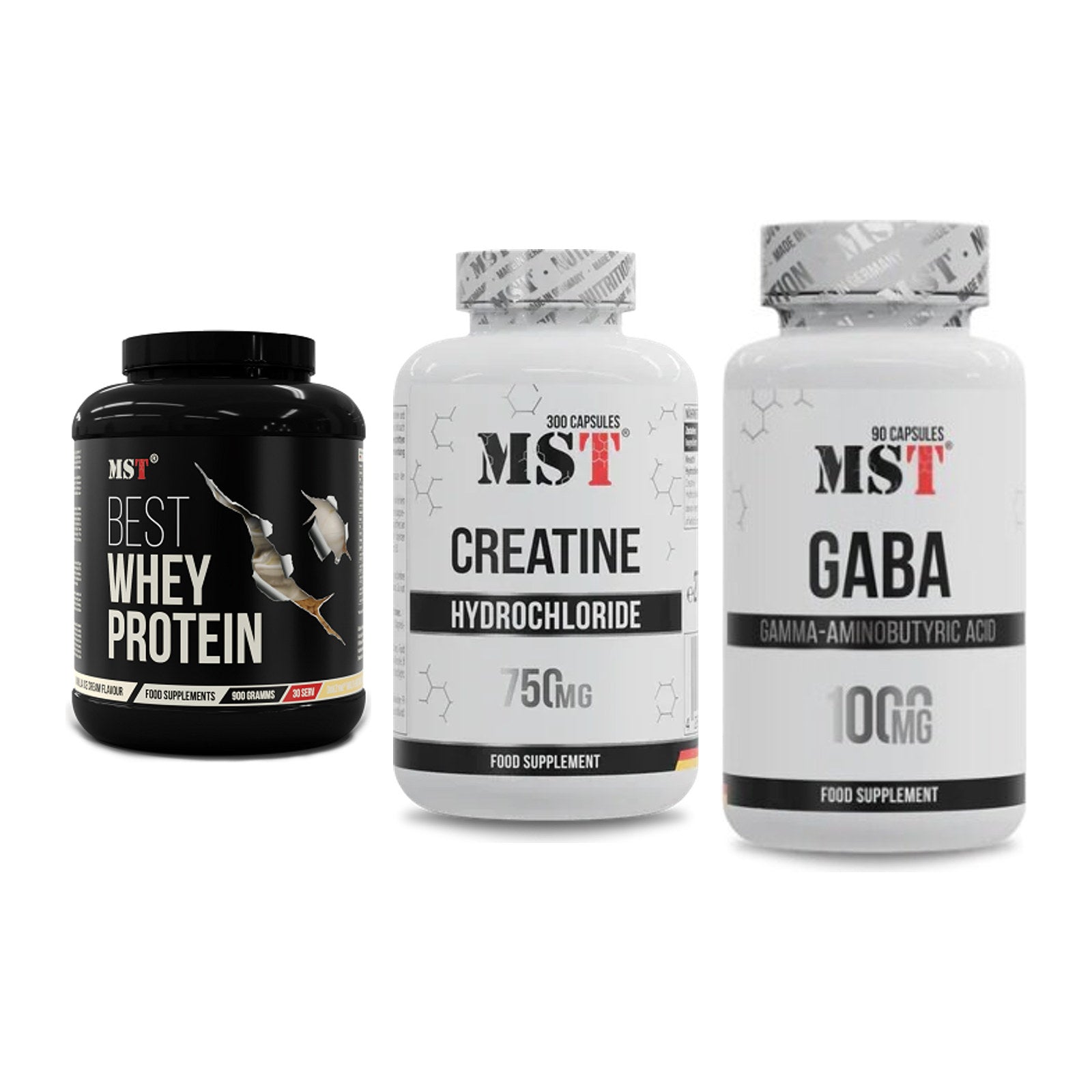 MST Marken-Trio: Best Whey Protein + Creatine HCL + GABA 1000mg – alle enthaltenen Artikel