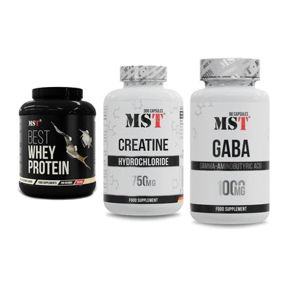 MST Marken-Trio: Best Whey Protein + Creatine HCL + GABA 1000mg – alle enthaltenen Artikel