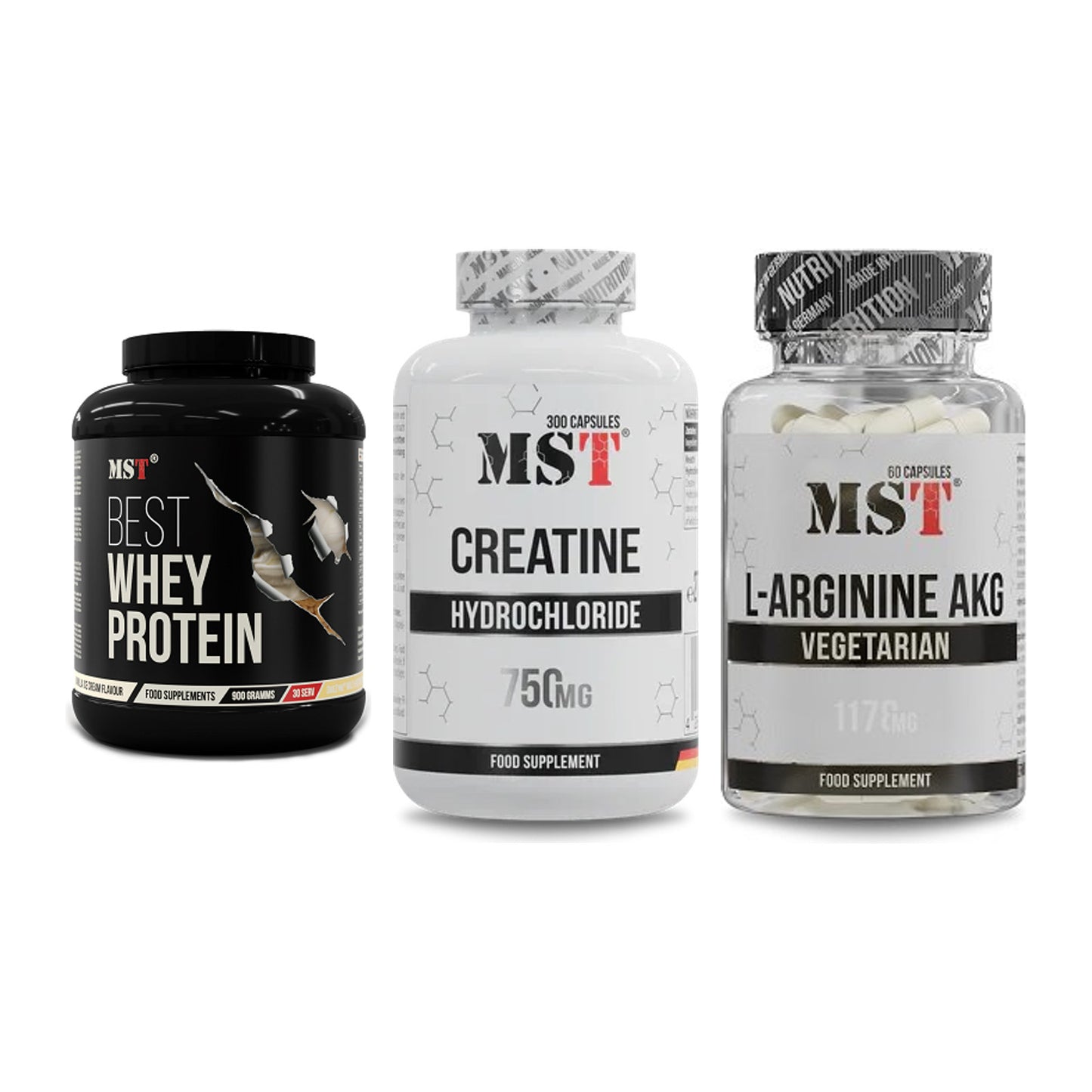 MST Marken-Trio: Best Whey + Creatine HCL + Arginin AAKG – alle enthaltenen Artikel
